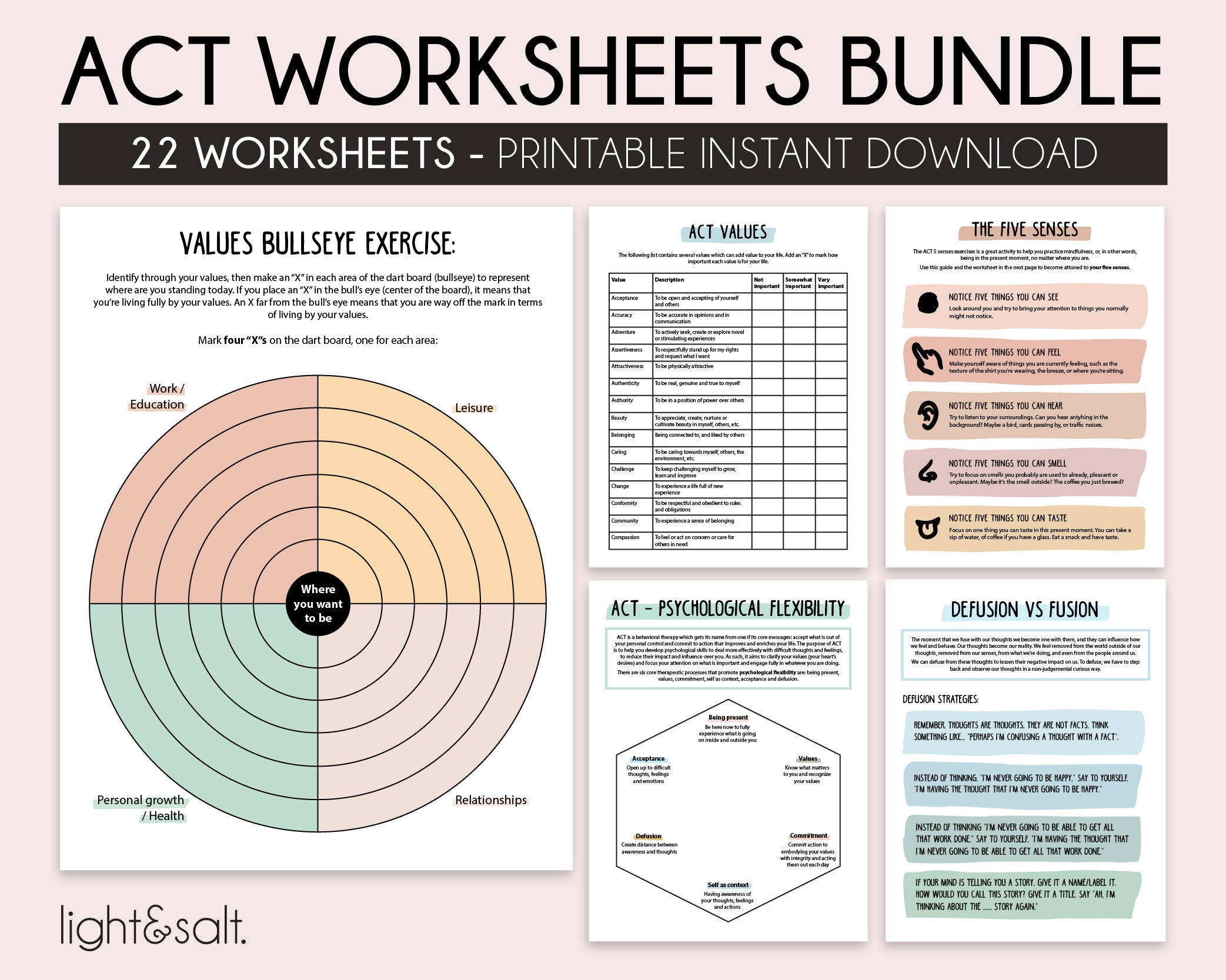 ACT therapy worksheets, Acceptance and Commitment Therapy Workbook