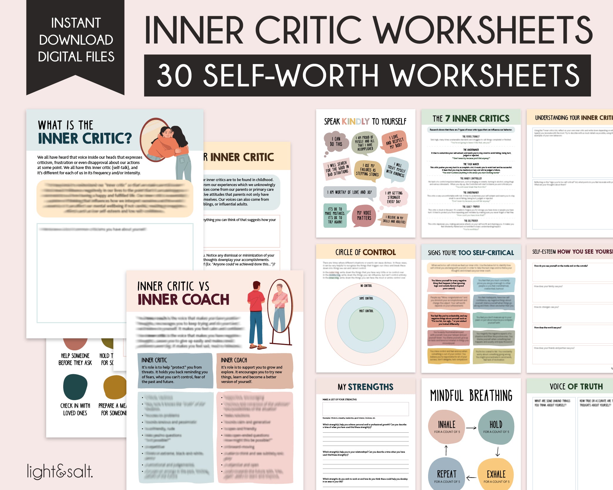 Inner critic workbook, self esteem worksheets LightandSaltDesign