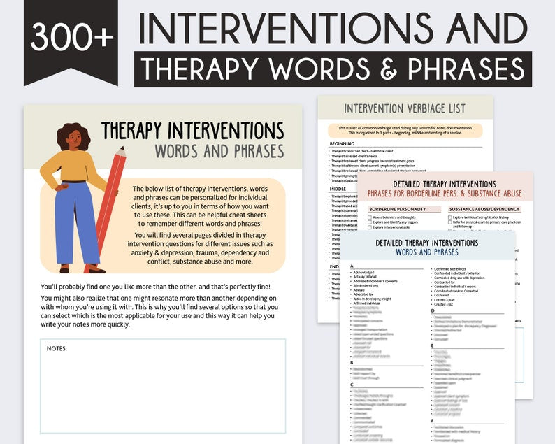 Therapy Interventions, Clinical Words & Phrases, Therapy Verbiage, Therapist Progress Notes, Therapist Cheat Sheet, Documentation Terms - LightandSaltDesign