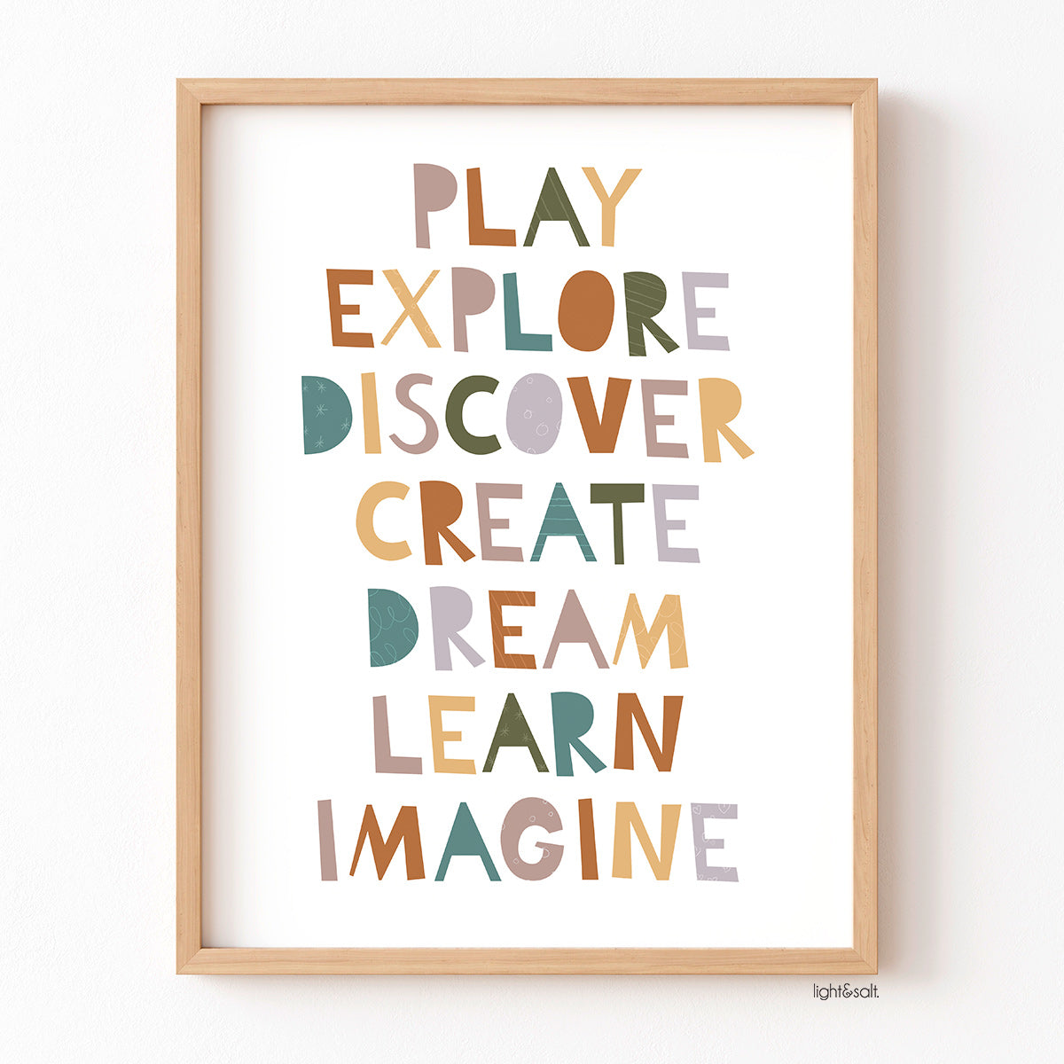 Play, explore, discover, create, dream, learn, imagine poster