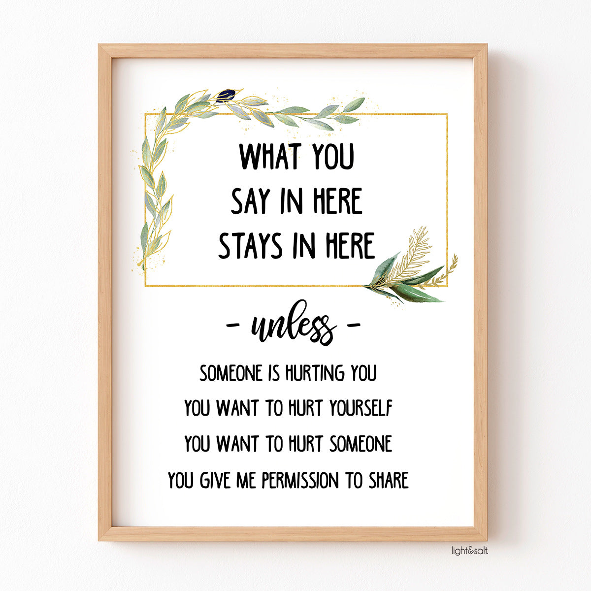 What you say in here stays in here, confidentiality poster, greenery, green and gold