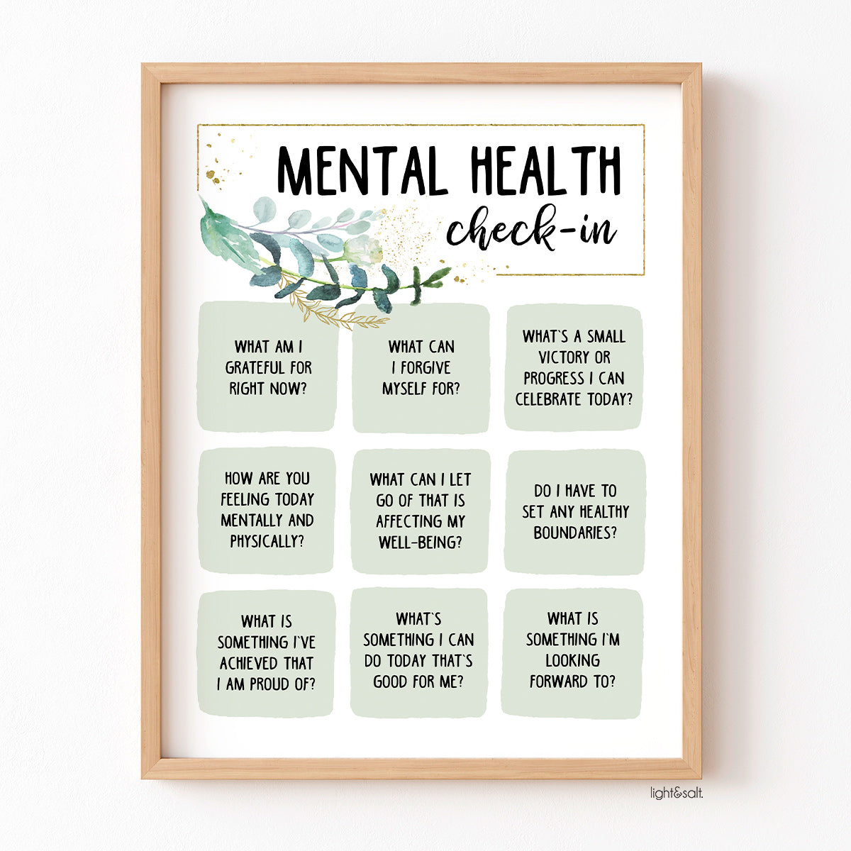 Mental health check-in poster, greenery and gold