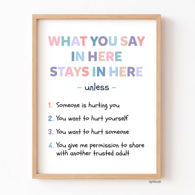 What you say in here stays in here, confidentiality poster, pink and purple