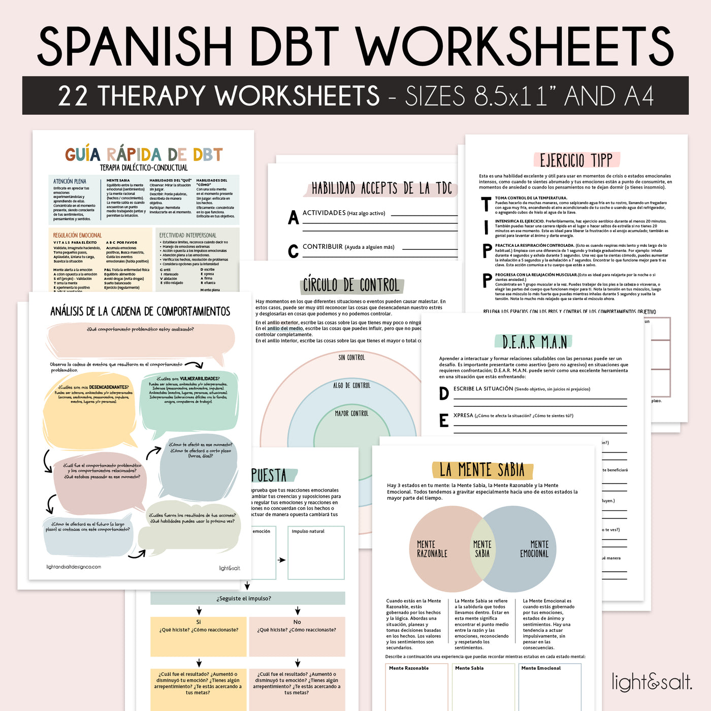 Spanish DBT skills bundle therapy worksheets