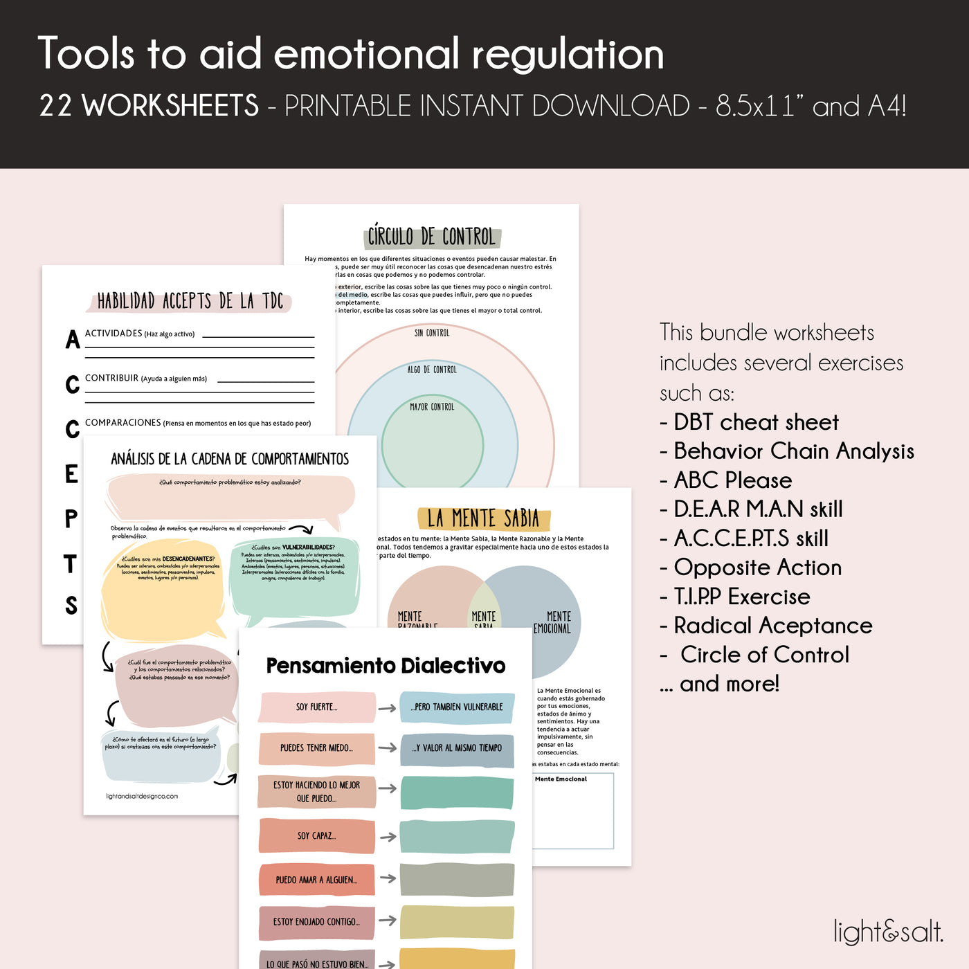 Spanish DBT skills bundle therapy worksheets