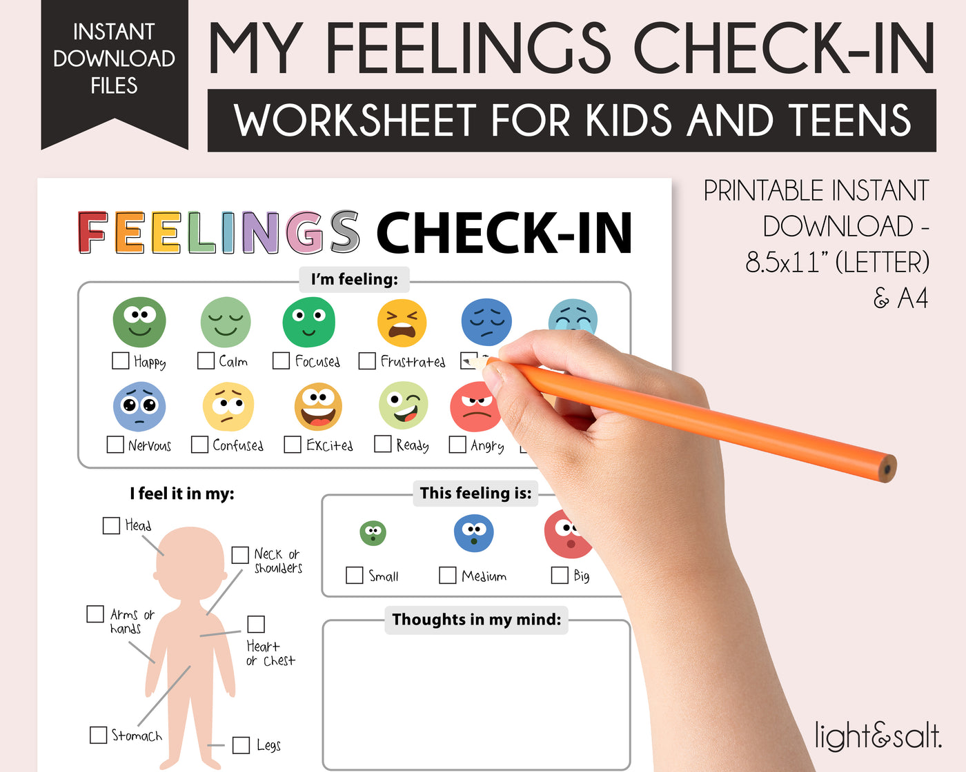 Feelings check-in worksheet for teens and kids