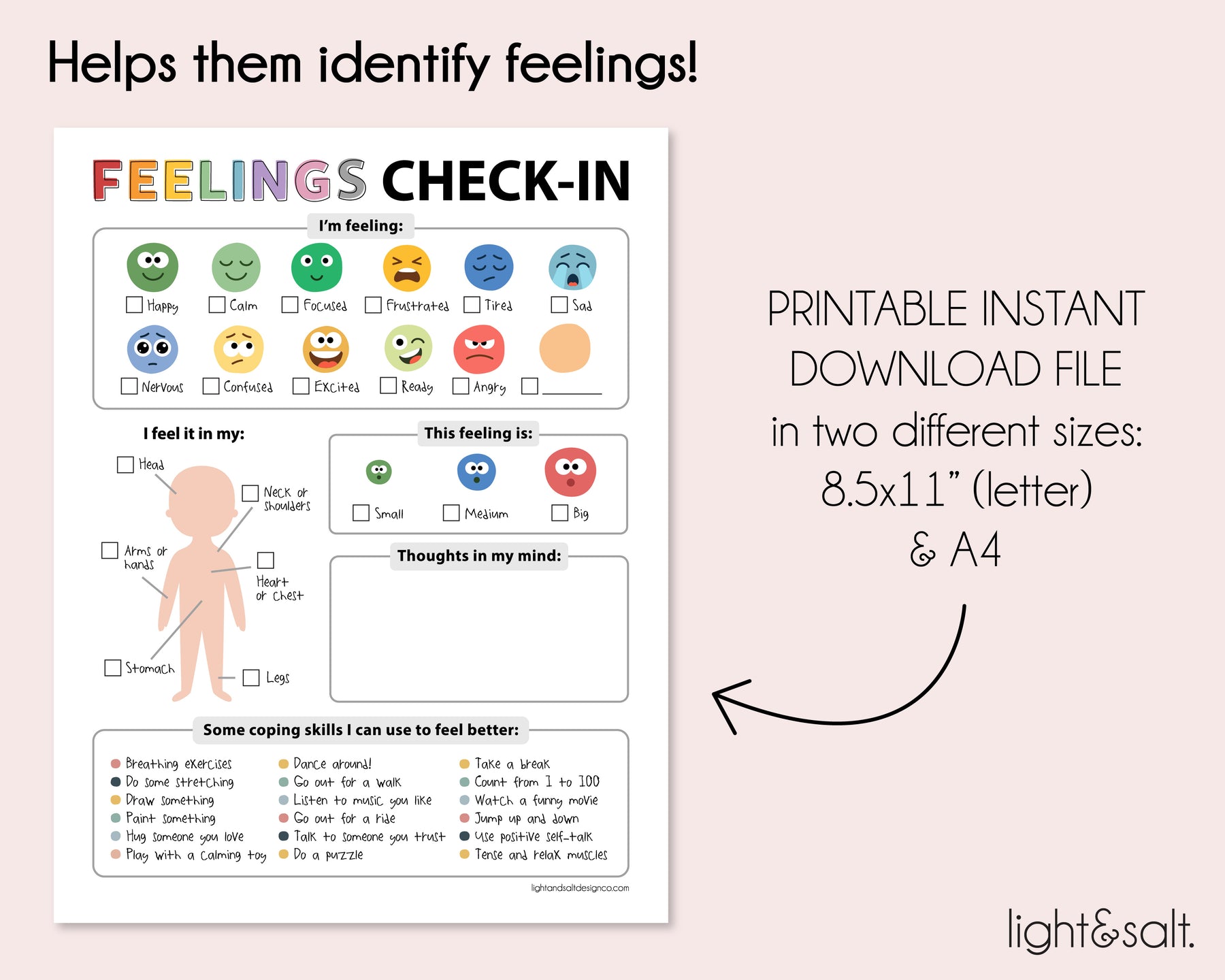 Feelings checkin worksheet for teens and kids LightandSaltDesign