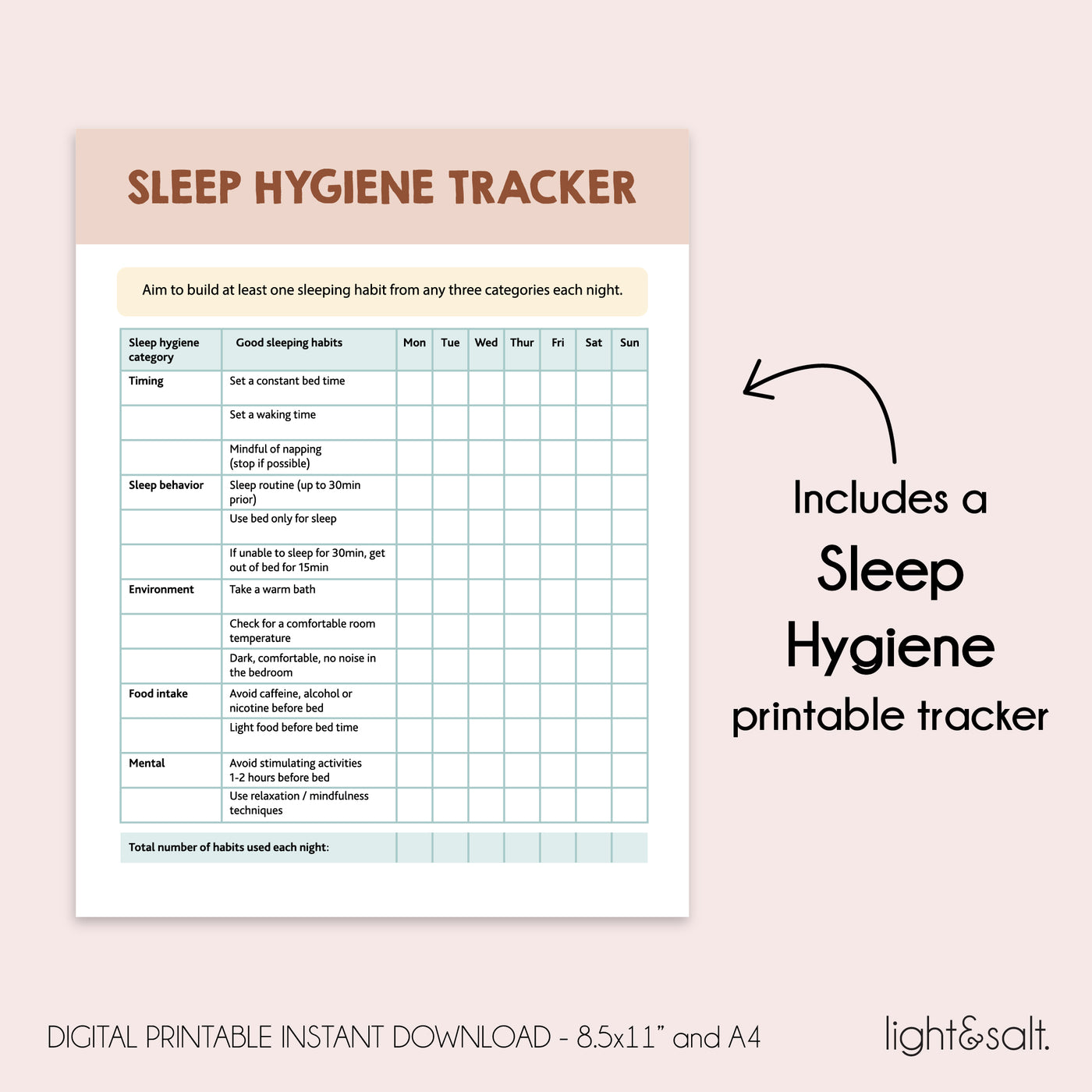 Sleep hygiene worksheets, sleep journal – LightandSaltDesign