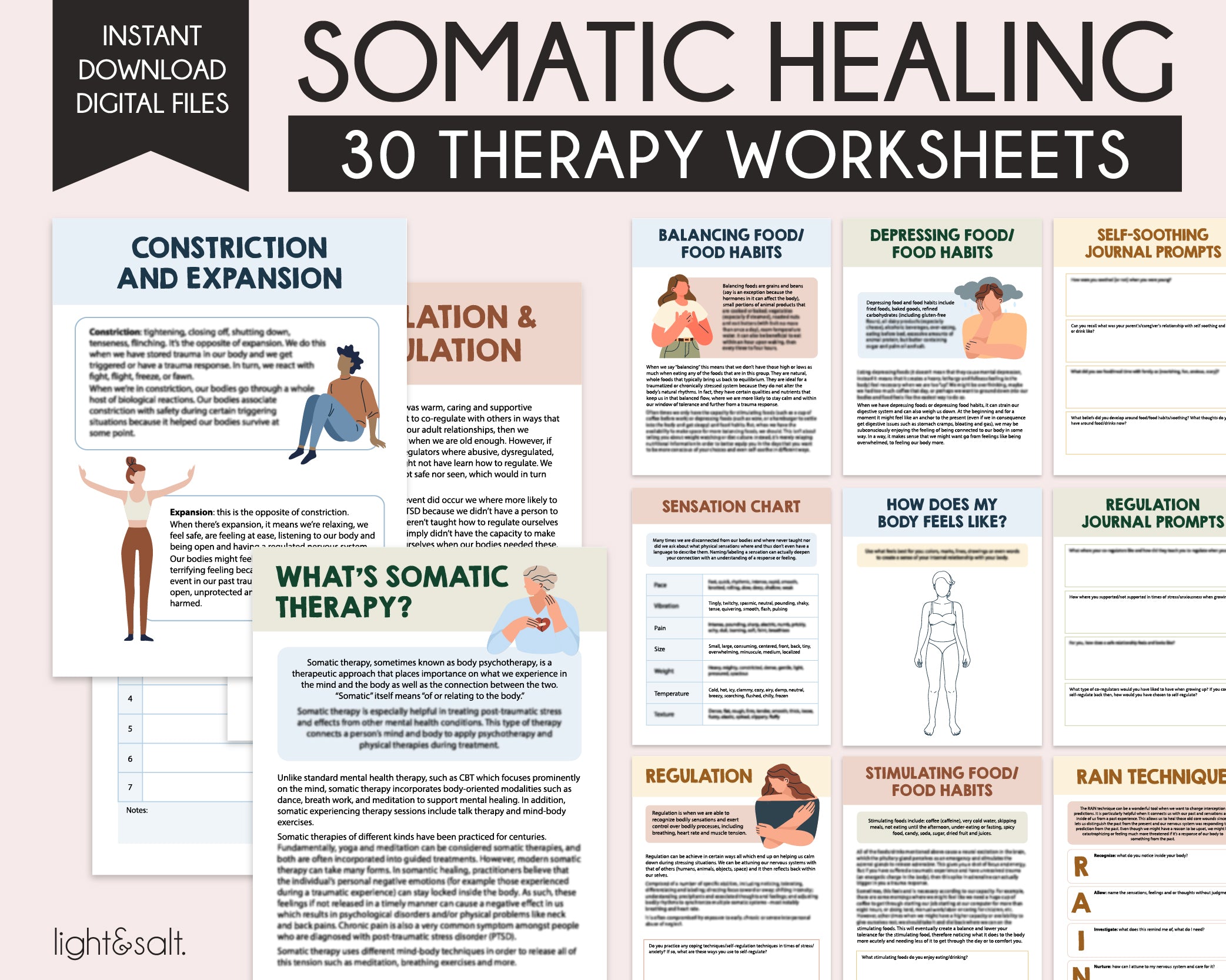 Somatic Healing workbook, somatic therapy worksheets LightandSaltDesign