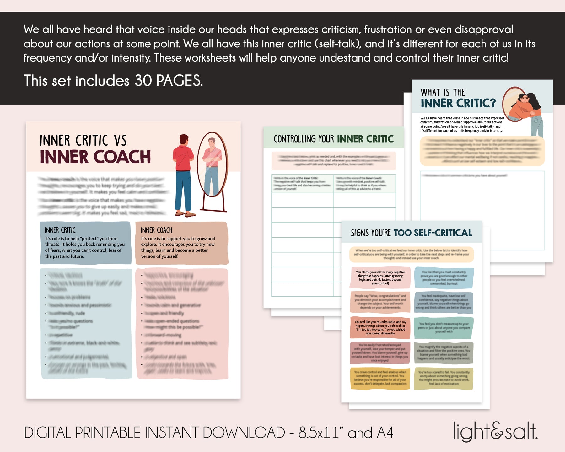 Inner critic workbook, self esteem worksheets LightandSaltDesign
