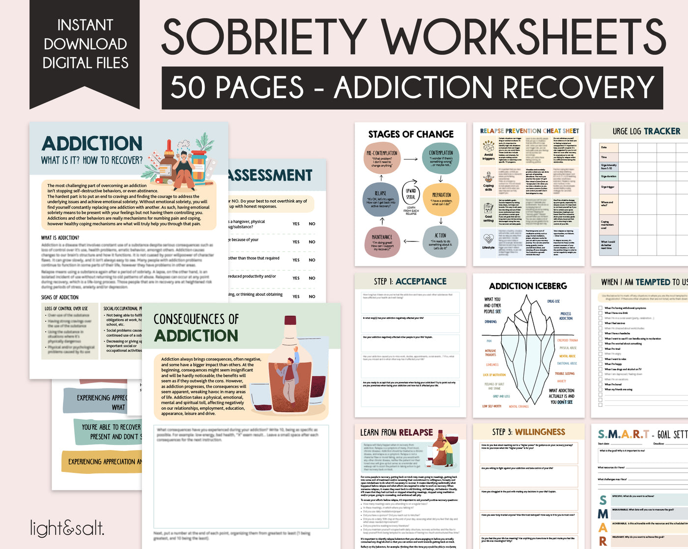 Sobriety Worksheets, therapy workbook, addiction recovery, Relapse Prevention plan, Recovery, AA, Addiction, sober life, stages of change - LightandSaltDesign