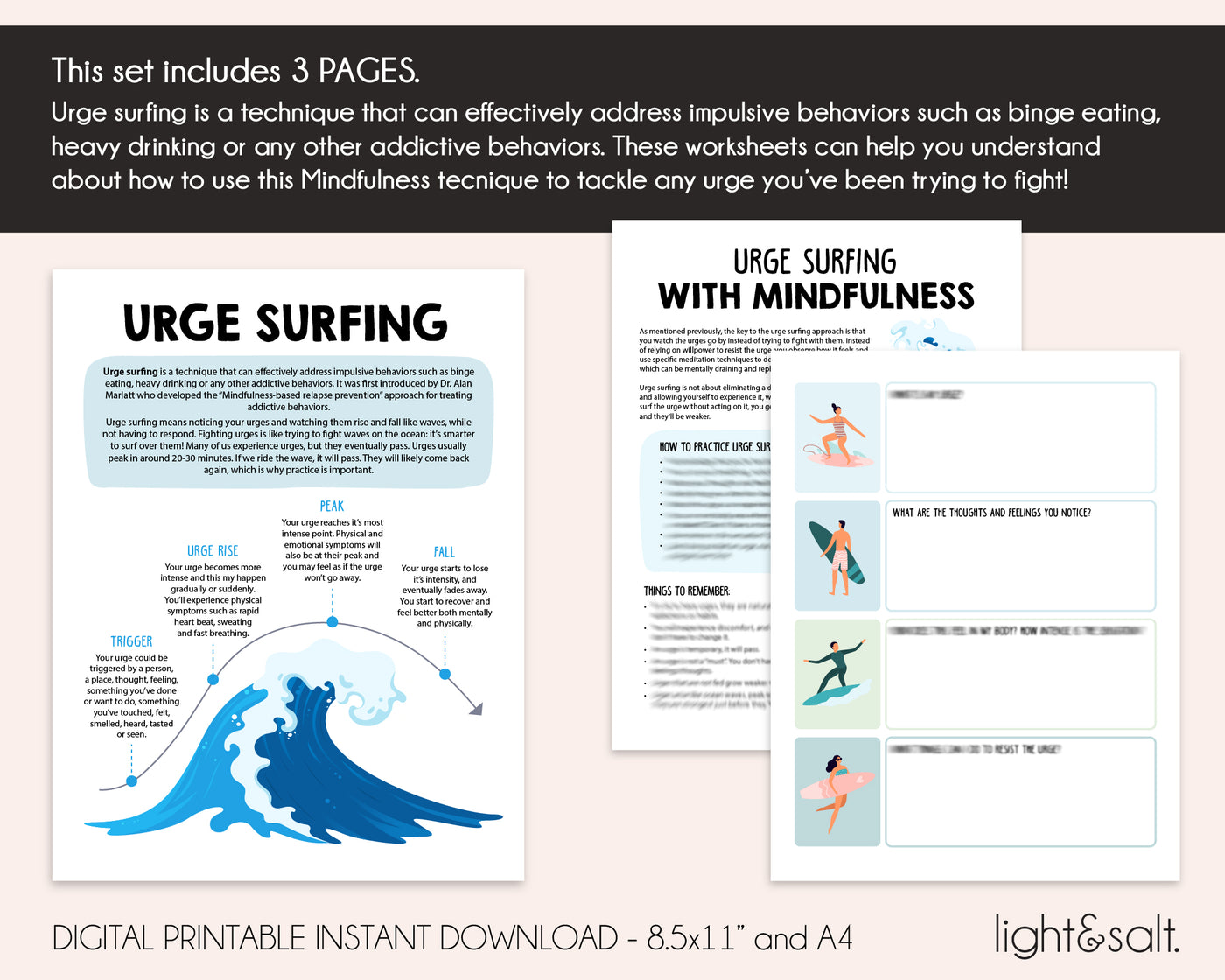 Urge surfing mindfulness technique therapy worksheets LightandSaltDesign