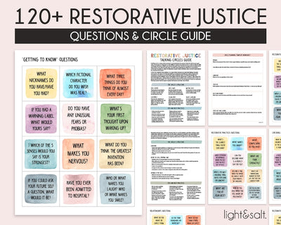 Restorative justice circle questions and prompts school counselor, school psychologist, social worker, class management, SEL, growth mindset - LightandSaltDesign