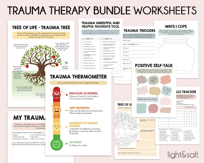 Trauma therapy mega bundle, 45% OFF, therapy worksheets, SEL, PTSD, anxiety, coping skill cards, school counselor, dbt worksheets, emdr, cbt - LightandSaltDesign