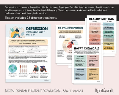 The depression spiral worksheets, depression, Anxiety worksheets, therapy worksheets, growth mindset, self esteem worksheet, DBT, CBT - LightandSaltDesign