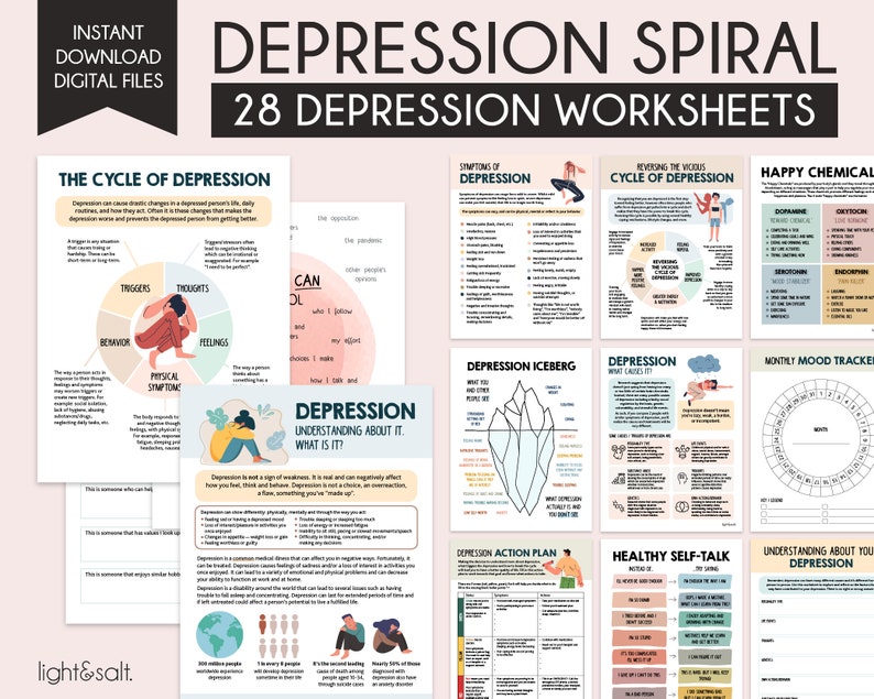 The depression spiral worksheets, depression, Anxiety worksheets, therapy worksheets, growth mindset, self esteem worksheet, DBT, CBT - LightandSaltDesign