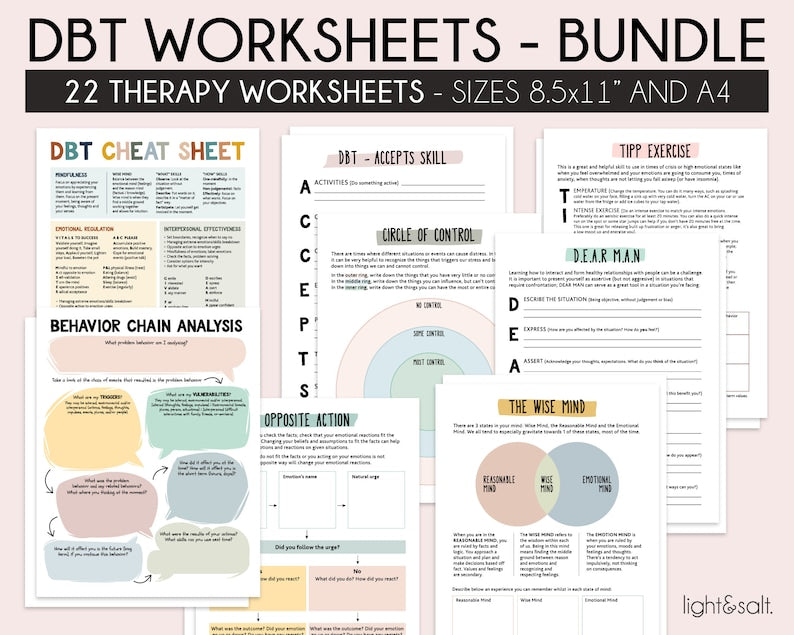 DBT skills, therapy worksheets, DBT workbook, dbt therapy, DBT bundle, therapy tools, counseling, therapy resources, school psychologist - LightandSaltDesign