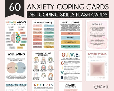 Anxiety coping skills flashcards, DBT cards, Dialectical Behavior Therapy, Distress Tolerance, Borderline personality disorder, Calm corner - LightandSaltDesign