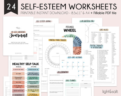 Fillable PDF, Self esteem worksheets, Self esteem workbook, Confidence workbook, therapy worksheet, coping skills, Anxiety journal, BPD - LightandSaltDesign